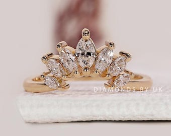 Custom Curved Wedding Band Women's Vintage Rose Gold Marquise Cut Diamond Wedding Band  Real Lab Grown Diamond Marquise Bridal Stacking Ring