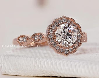 Round Diamond Ring Halo Engagement Ring Real Lab Grown Diamond Anniversary Ring Art Deco Solid White Yellow Rose Gold Ring Cathedral Setting