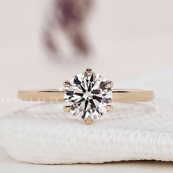 Real Lab Grown Diamond Ring Round Diamond Engagement Ring Wedding Ring for Bride Brilliant Diamond Proposal Ring for Her Birthday Gift Ring