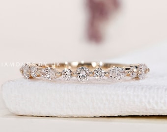 Marquise Round Diamond Band Ring Real Diamond Stackable Ring Solid Gold Marquise Wedding Band 14k Gold Eternity Ring Dainty Stacking Ring