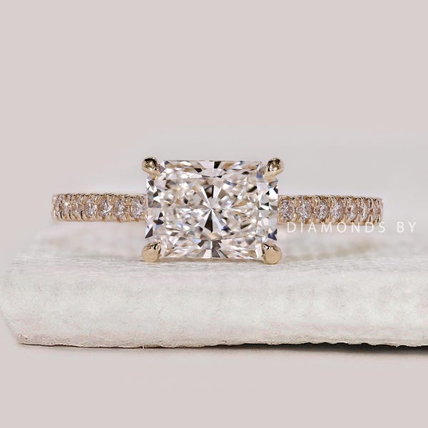Radiant Cut Engagement Ring Radiant Cut Diamond East West Ring Solitaire Rectangle Stone Ring Anniversary Gift For Her 10K 14K 18K Gold Ring