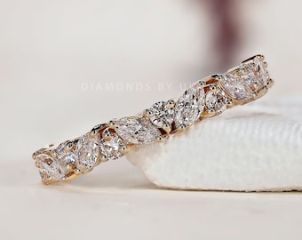 Lab Grown Diamond Half Eternity Band Marquise-Round Diamond Wedding Band Real CVD Diamond Anniversary Ring Stacking Band for Bridal Set Gift