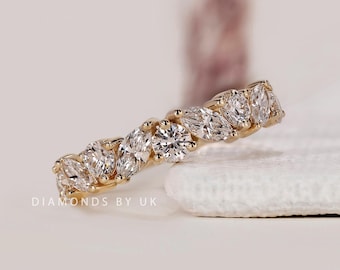 Marquise Diamond Ring Marquise Diamond Wedding Ring Alternating Marquise Round Diamond Ring Real Lab Grown Diamond Stackable Band for Women