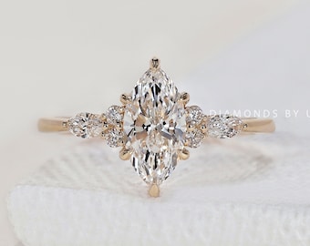 Marquise Diamond Engagement Ring Genuine Lab Grown Diamond Anniversary Ring Unique Proposal Ring for Her Six Claw Prong Setting Ring Gift