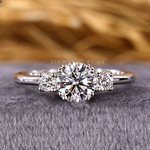 Diamond Trilogy Engagement Ring Round Lab Diamond Ring for Women Antique Proposal Ring for Girlfriend Unique Diamond Birthday Ring for Wife