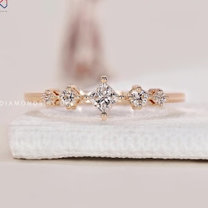 Princess Cut Diamond Engagement Ring Unique 5 Diamond Anniversary Ring Gift Genuine Lab Grown Diamond Ring Solid White Rose Yellow Gold Ring