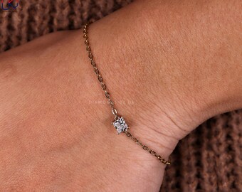 Real Princess Lab Grown Diamond Bracelet Diamond Solitaire Bracelet 14K Gold Square Diamond Bracelet Solid Gold Dainty Bracelet for Wife
