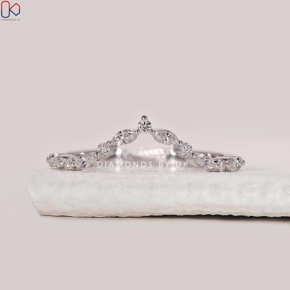 Custom Lab Diamond Curved Wedding Ring Marquise Round Band for Women Minimalist Nesting Ring Stackable Gift Jewelry Engagement Ring Enhancer