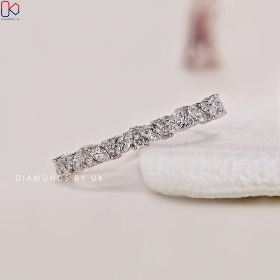 Lab Grown Diamond Half Eternity Band Marquise Round Diamond Wedding Band Real Lab Diamond Anniversary Ring Stacking Band Bridal Set Gift