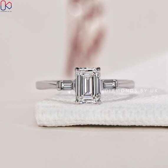 Emerald Diamond Ring Three Stone Engagement Ring Emerald Cut Diamond Ring for Anniversary Gift Genuine Diamond Ring for Her Side Baguette