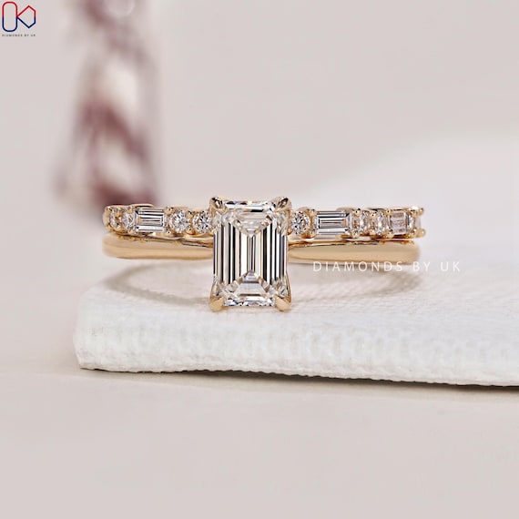 Emerald Diamond Ring Set Stacked Engagement Ring Set Solitaire Engagement Ring & Wedding Band Genuine Lab Grown Diamond Wedding Set for Her