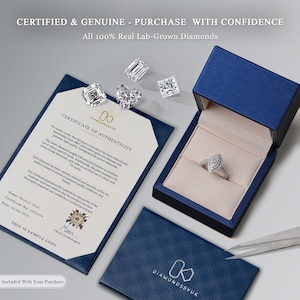 Pu&ograve; includere: Un anello con diamanti a forma di marquise in un cofanetto blu, con diamanti sciolti e un certificato di autenticit&agrave;. Il testo recita "CERTIFIED & GENUINE - PURCHASE WITH CONFIDENCE" e "All 100% Real Lab-Grown Diamonds".