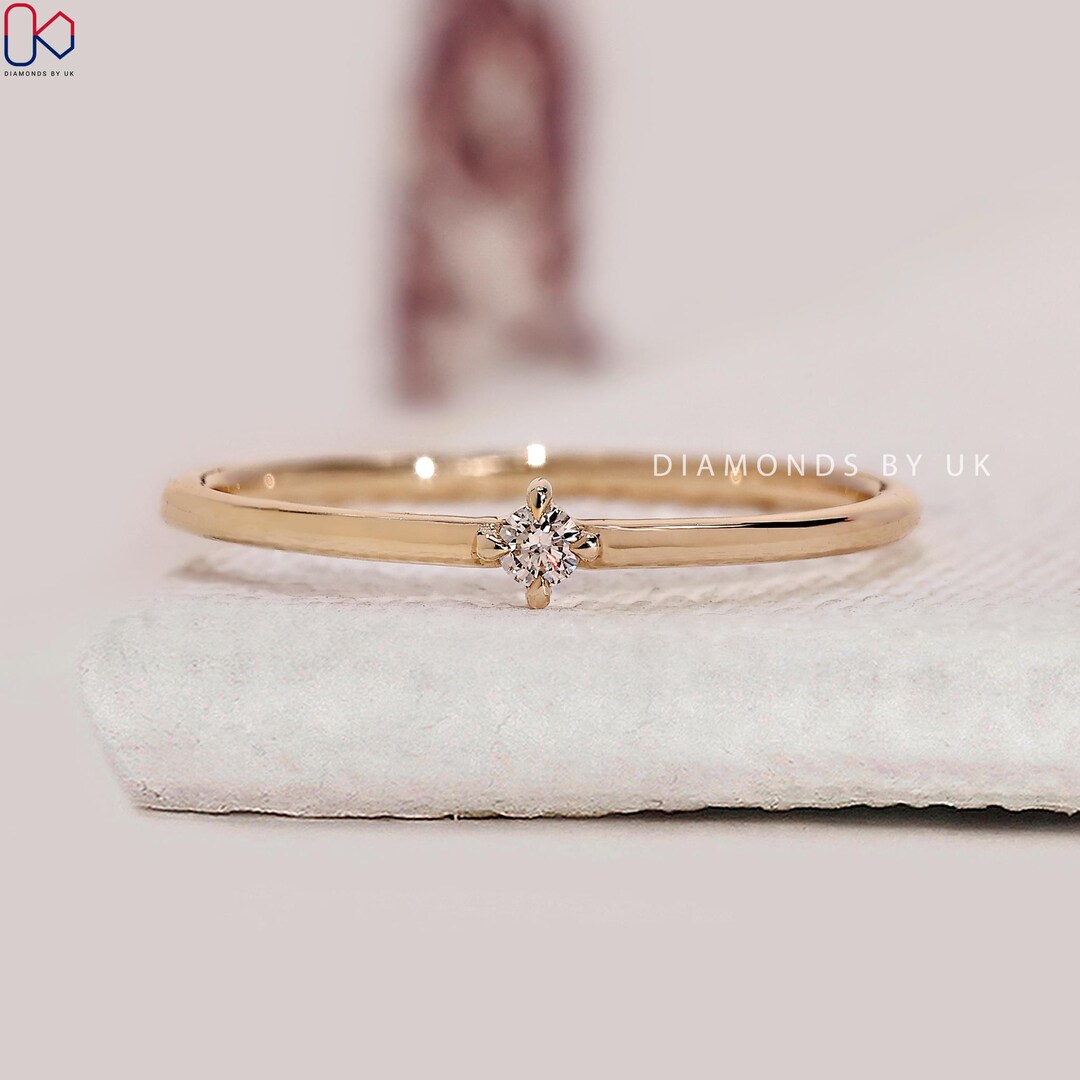 Solid Gold Basic Round Ring 14k Real Gold Tiny Solitaire Ring for Women ...