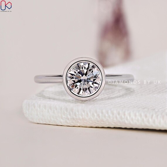 Round Diamond Engagement Ring Real Lab Diamond Anniversary Ring Everyday Wear Solitaire Ring for Her Round Bezel Setting Anniversary Ring
