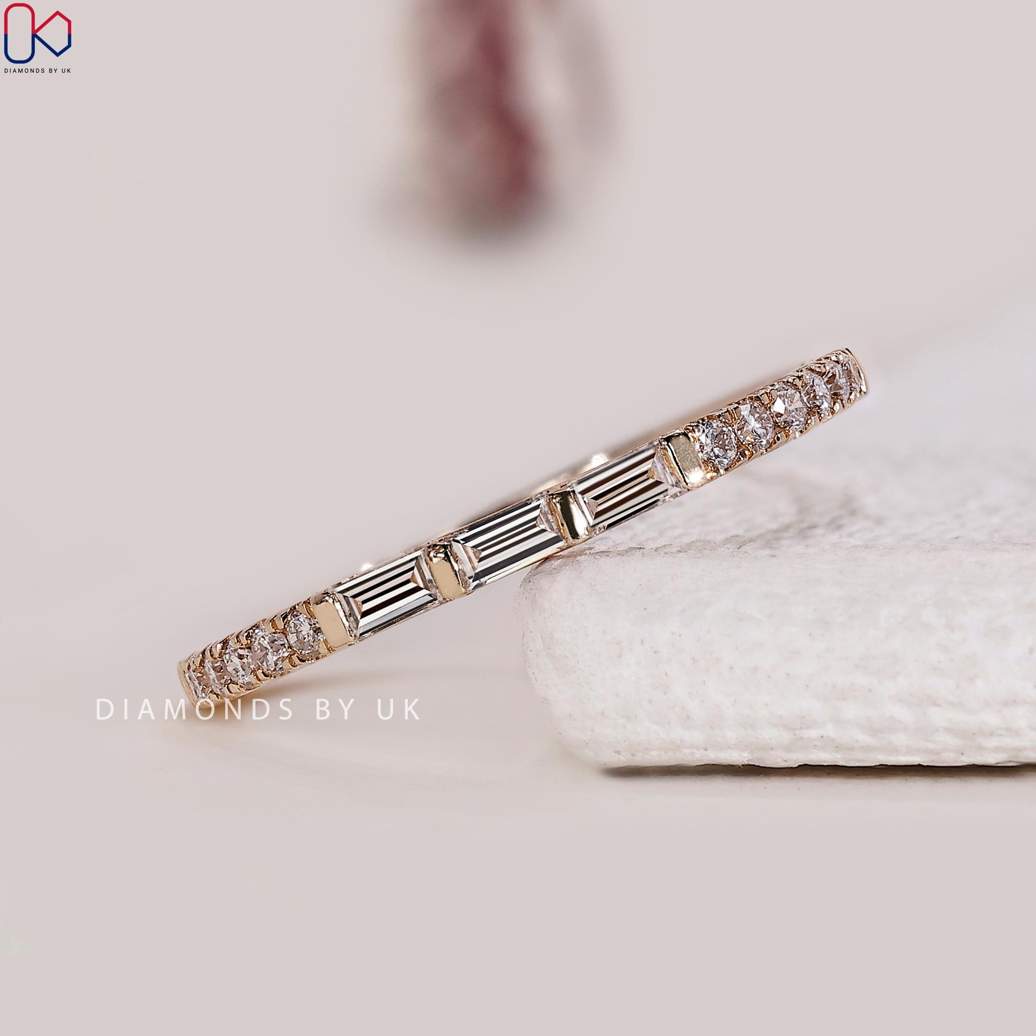Genuine Lab Diamond Ring Solid White Yellow Rose Gold Baguette Wedding Band 14k Gold Eternity Ring for Women Dainty Stackable Ring for Her