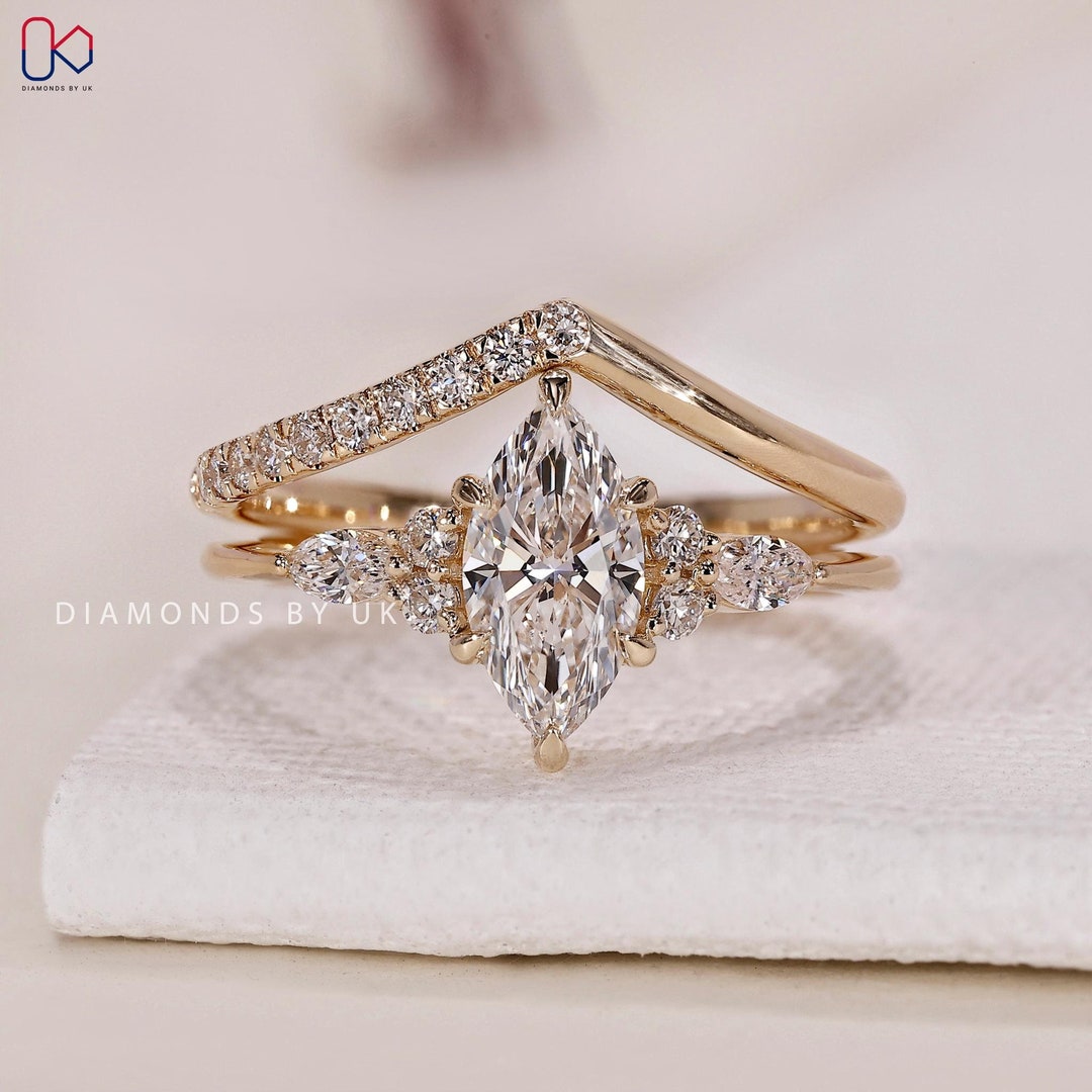 Marquise Diamond Wedding Set Unique Bridal Set Ring for Her Marquise ...