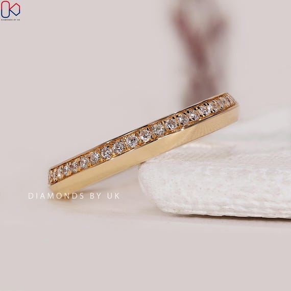 Diamond Wedding Band Full Eternity Knife Edge Ring One Side Pave Setting Ring Wide Stackable Band with Engagement Ring White Rose Gold