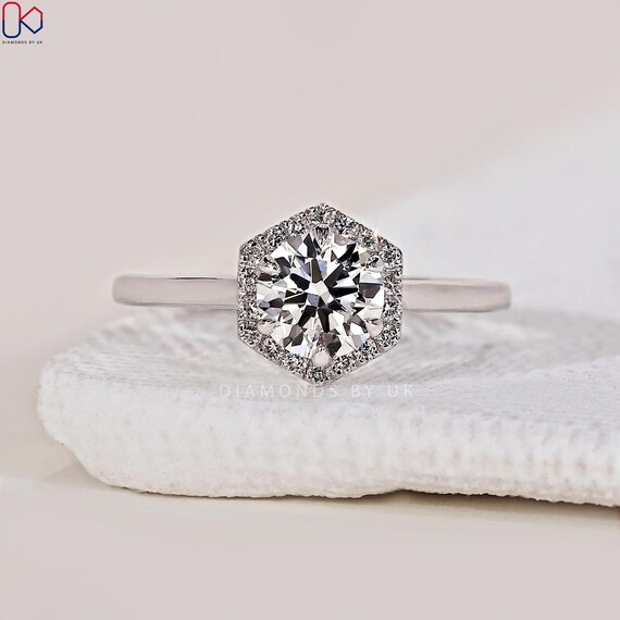 Round Diamond Ring Halo Engagement Ring for Her Genuine Lab Grown Diamond Ring Unique Halo Anniversary Ring Stunning Diamond Wedding Ring