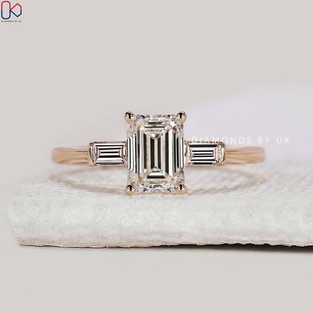 Emerald Cut Lab-grown Diamond Ring Three Stone Engagement Ring Emerald ...