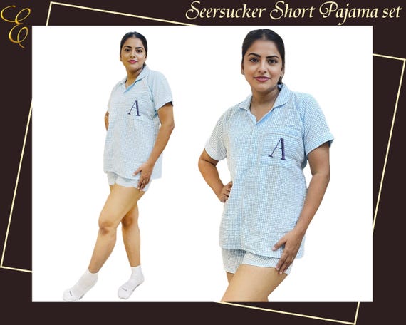 Seersucker Pajama Set Long Sleeve With Short PJ Set Custom Seersucker Pajamas Set Personalized Pajamas Customize Pajama Set Bridesmaid Pjs Etsy UK
