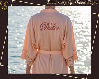 Soft Rayon Bridal & Bridesmaid Dressing Gown Personalized Embroidery Lace Robe Custom Name Rayon Lace Robe  Wedding or Lounge Wear Gift