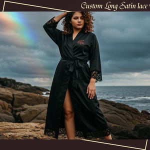 Luxurious Custom Satin Long Robe with Lace Trim — Customizable With Text or Names , Perfect Gift for Her & Bridesmaid, Bridal Party Robes