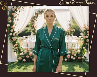Bridal Robe | Bridesmaid Robes with Piping | Customized Satin Robe | Bride Robe | Bridal Party Robes | Bridesmaid Gifts | Bachelorette Party