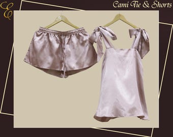 Cami Tie Knot and Shorts Satin Pj Sets Bridesmaids Gifts Satin Cami Tank and Shorts Bridal Sets Gift For Her Wedding Gifts
