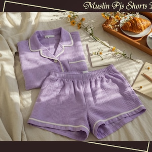 Soft Muslin Short PJs for Women Muslin Embroidered Double Gauze Pjs Custom Monogrammed Pajama Set Wedding Pjs Bridesmaid Pajama Wedding Gift