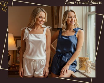 Satin Cami Tank and Shorts Cami Tie Knot and Shorts Satin Pj Sets Bridesmaids Gifts Bridal Sets Gift For Her Wedding Gifts