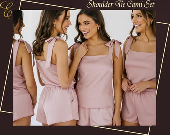 Cami Tie Knot and Shorts Satin Pj Sets Bridesmaids Gifts Satin Cami Tank and Shorts Bridal Sets Gift For Her Wedding Gifts