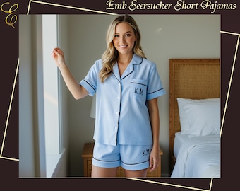 Bridal Party Pajamas Embroidered Seersucker Short Pajama Set Personalized Monogram Summer Sleepwear for Bridesmaids & Women Bridesmaid Gifts