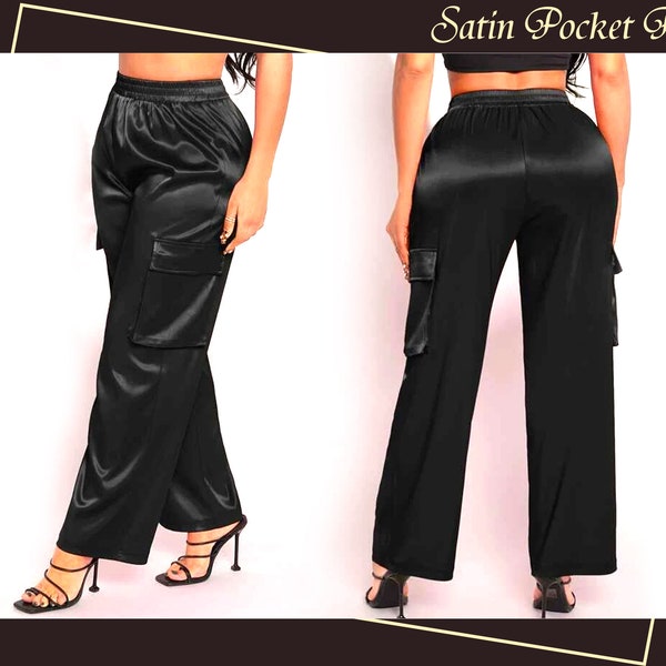 Satin Cargo Pants Street Pant Satin Cargo Pants Women Satin Long Pants Women's Pocket Pant Street Pant Elastic Waist Women's Trousers PANTS