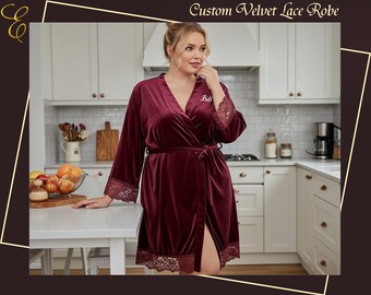 Plus Size Women Velvet Lace Robe Custom Name Bridal Wear Bridesmaid Party Wear Kimono Style Honeymoon Gift for Her Nightwear Wrap