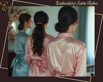 Bridal Embroidered Robes | Embroidered Satin Robes | Bridesmaid Gifts | Navy Satin Robe | Bridesmaid Robe | Custom Satin Robe | Gift for Her