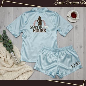 Personalized Sorority Pajama Set Greek Life Pajama Set Short Sleeve and Shorts Pjs Set Matching Satin Pajamas Bridesmaid Pajama Gift for Her