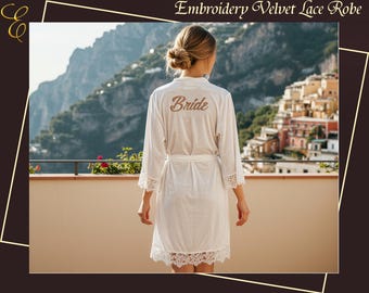 Custom Velvet Lace Robe Personalized Embroidered Bridal Robe Bridesmaid Robes Wedding Getting Ready Outfit Bridesmaid Gifts Gift for Her