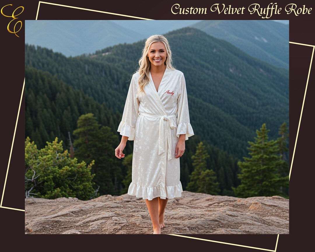 Ladies Robe With Ruffles Luxury Velvet Ruffle Robe for Women, Bridal Getting Ready Outfit, Soft ...