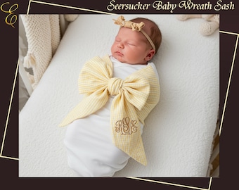 Seersucker Baby Kranz Schärpe personalisiert Monogramm Schleife für Neugeborene Baby Foto Requisite Stickkranz Schärpe Baby Shower Geschenk Geburtsanzeige