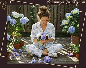 Hortensien Langer Pyjama Frauen Rayon Blumen Pyjama Set mit Taschen Loungewear Nachtwäsche Brautjungfer Pyjamas Erste Bereitschaft Outfit Hochzeitsgeschenk
