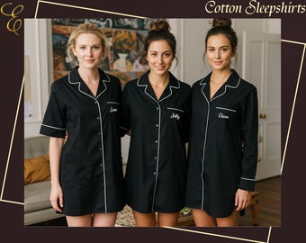 May include: Three black cotton sleepshirts with white piping and personalized embroidery. The shirts feature the names "Limo", "Jetty", and "Chloe" in white lettering.