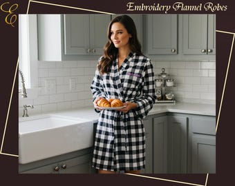 Custom Embroidered Flannel Robe Personalized Name Robe Bridal Wear Bridesmaid Proposal Gifts Plaid Warm Robe Getting Ready Robe Custom Logo