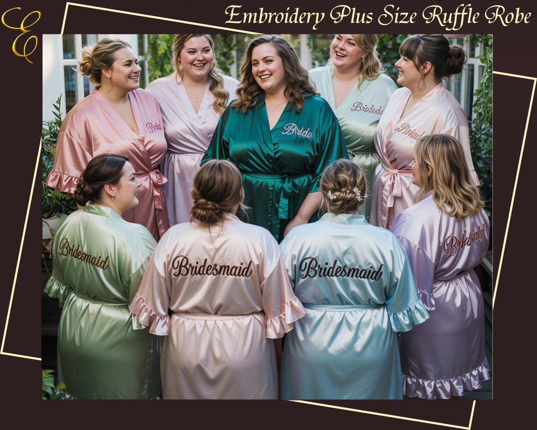 Personalized Plus Size Satin Ruffle Robe Custom Embroidery Bridal Robe ...