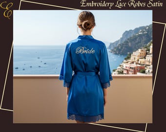 Bridal Satin Lace Robes Bridesmaid Robes Embroidery Lace Robes Wedding Robes Getting Ready Outfit Bridal Party Robes Bride & Bridesmaid Gift