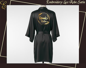 Spooky Bride Satin Robe – Halloween Bridal Party Robe - Custom Satin Gothic Robe - Getting Ready Robe for Halloween - Halloween Costume idea