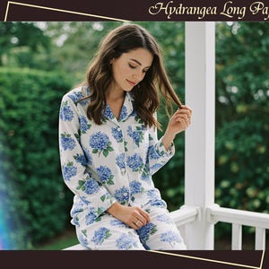 Women Rayon Floral Pajama Set with Pockets Hydrangea Long Pajamas Loungewear Sleepwear Bridesmaid Pajamas Getting Ready Outfit Wedding Gift