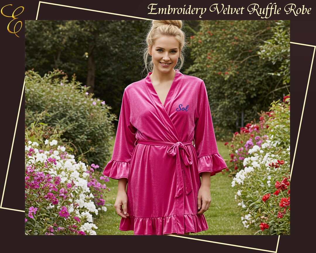 Word Glam Robe Velvet Ruffle Custom Text Robe for Women, Personalized Bridal Getting ...