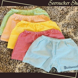 Personalized Seersucker Shorts Seersucker Shorts Women Shorts Seersucker Lounge Shorts Bridesmaid Gift Getting Ready Wedding Day Shorts