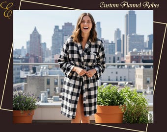 Personalized Flannel Robe Plaid Checks Warm Cozy Robe Custom Text & Logo Gifts for Her Bridesmaid Proposal Bridal Wear Party Robe Soft Robe