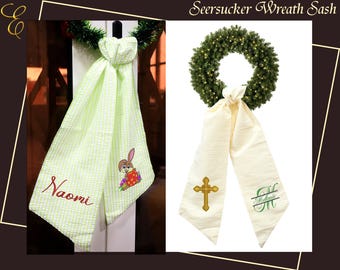 Custom Embroidered Wreath Sash - Personalized Seersucker Boxwood Sash - Nutcracker Wreath Sash - Monogram Christmas Sash - Christmas Gifts